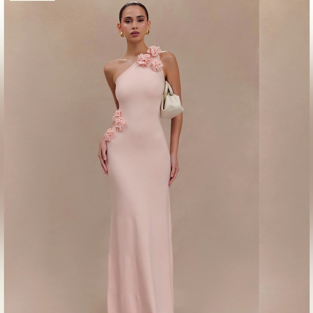 One-Shoulder Blush Pink Floral-Accent Evening Dress